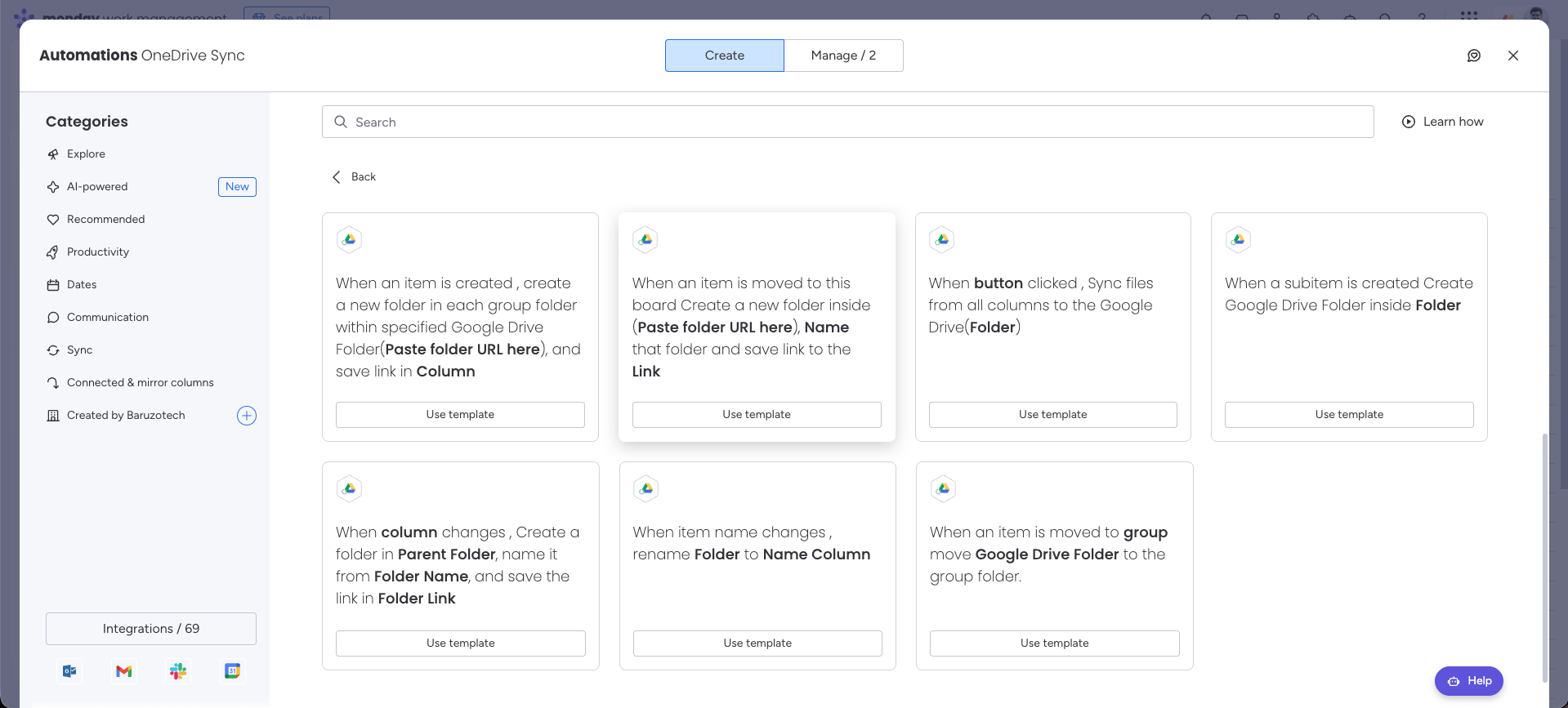 DriveSync automation: When a subitem is created. Create a Google Drive folder inside the selected folder.